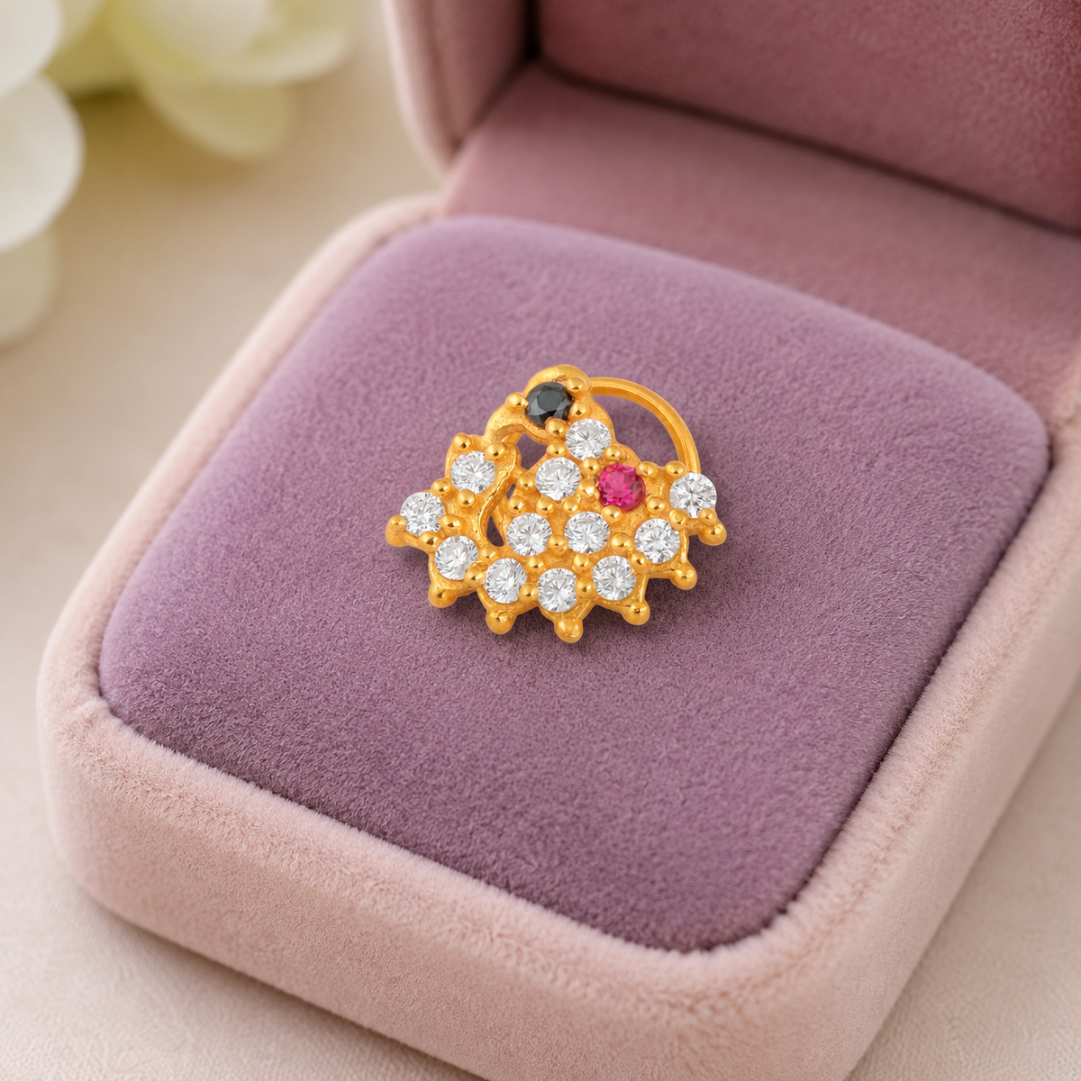 Multicolor CZ in Floral Net Motif Cluster Nose Pin - Sterling Silver Gold Plated