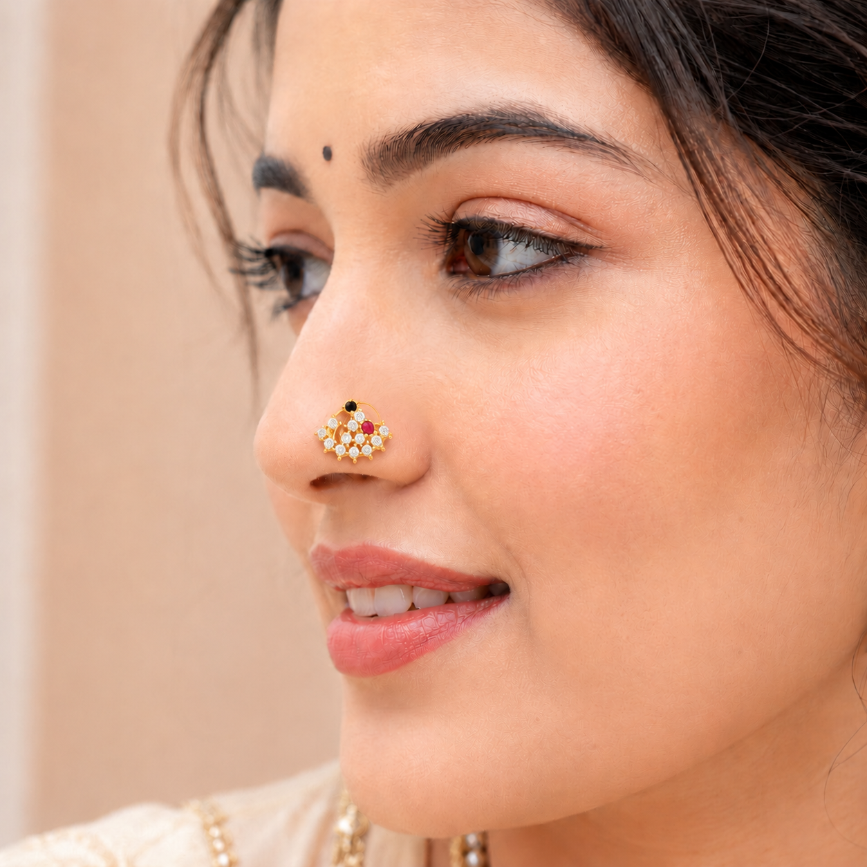 Multicolor CZ in Floral Net Motif Cluster Nose Pin - Sterling Silver Gold Plated