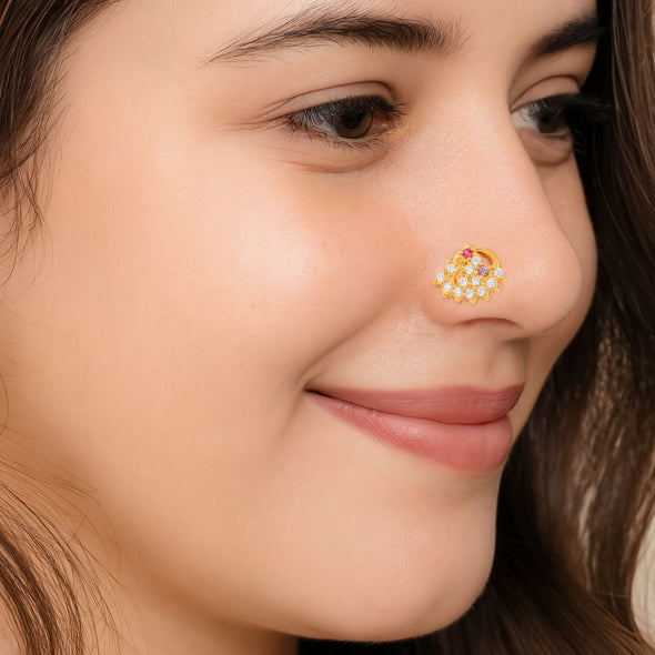 White, Pink & Violet CZ Floral Net Cluster Nose Pin - Sterling Silver Gold Plated