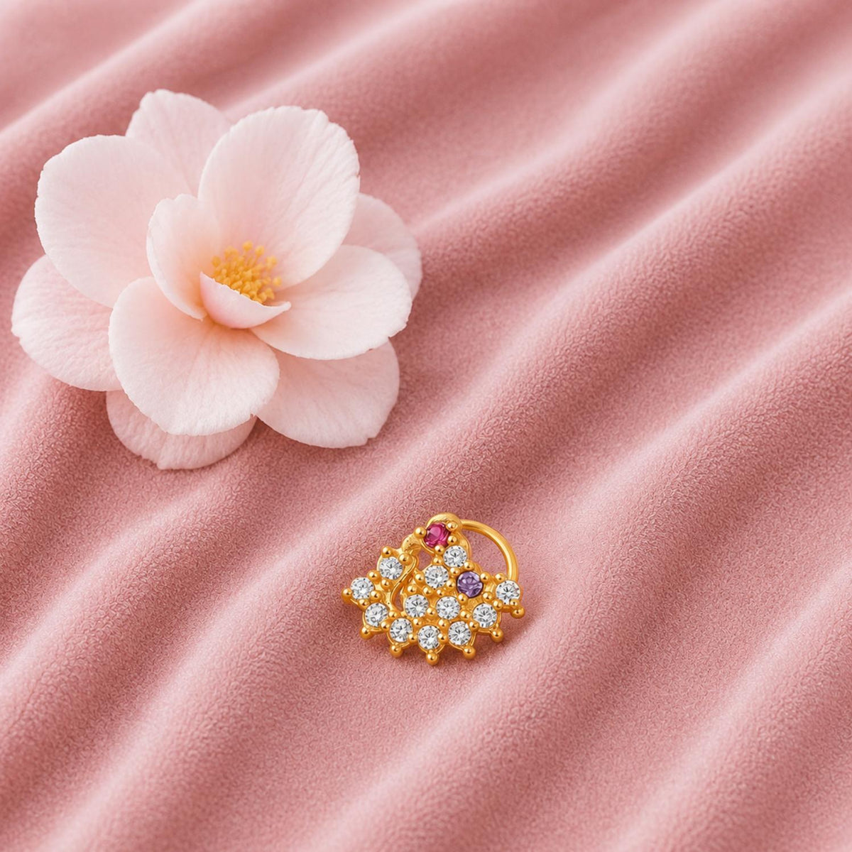 White, Pink & Violet CZ Floral Net Cluster Nose Pin - Sterling Silver Gold Plated
