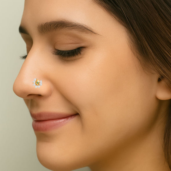 White CZ & Green Emerald Accent Nose Pin - Sterling Silver Gold Plated