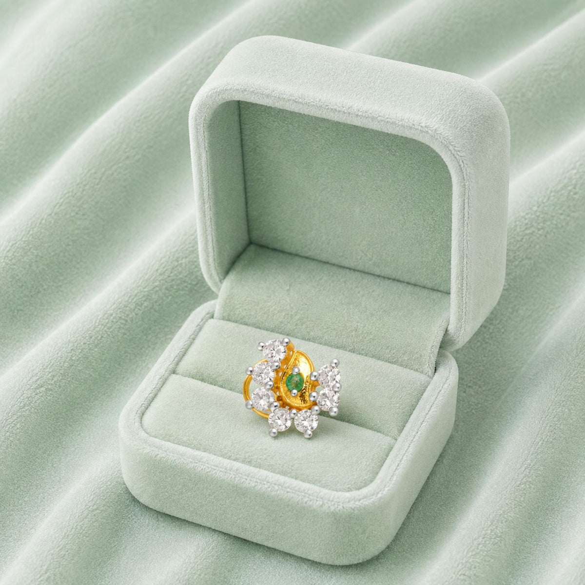 White CZ & Green Emerald Accent Nose Pin - Sterling Silver Gold Plated