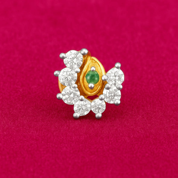 White CZ & Green Emerald Accent Nose Pin - Sterling Silver Gold Plated