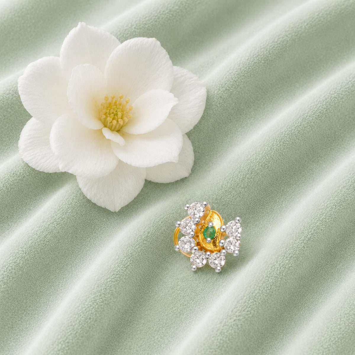 White CZ & Green Emerald Accent Nose Pin - Sterling Silver Gold Plated