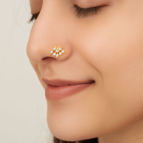 White CZ in Crescent Drop Ethnic Nose Pin - Sterling Silver Gold Plated