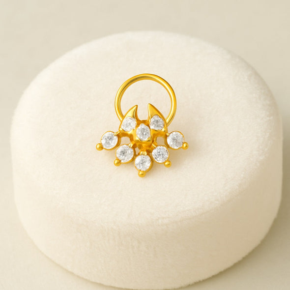 White CZ in Crescent Drop Ethnic Nose Pin - Sterling Silver Gold Plated