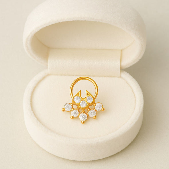 White CZ in Crescent Drop Ethnic Nose Pin - Sterling Silver Gold Plated