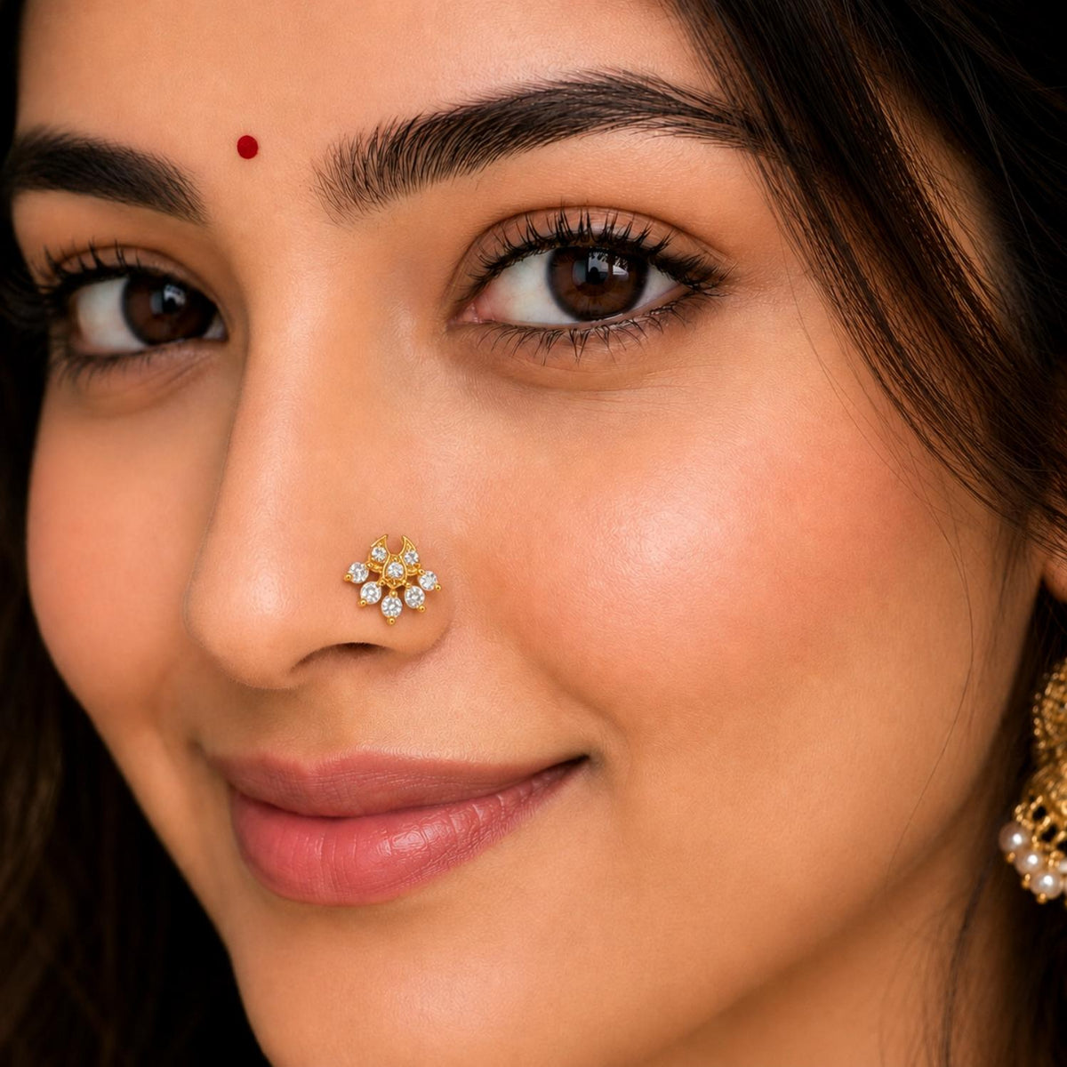 White CZ in Crescent Drop Ethnic Nose Pin - Sterling Silver Gold Plated
