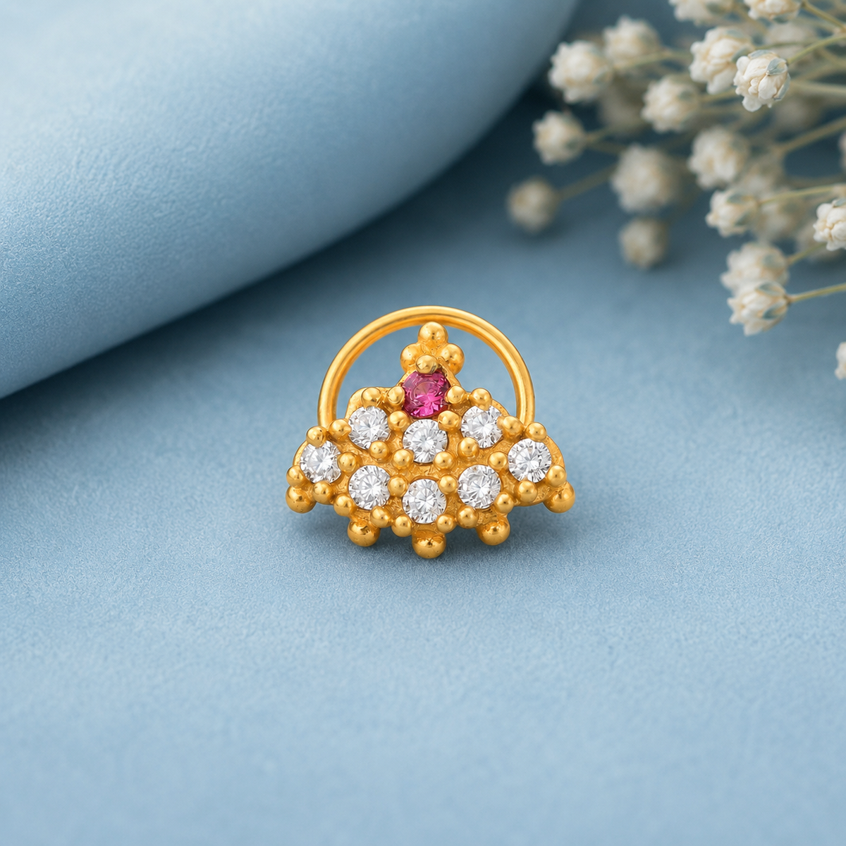 White & Pink CZ Cluster Traditional Nose Pin - Sterling Silver Gold Plated