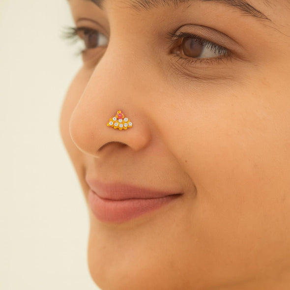 White & Pink CZ Cluster Traditional Nose Pin - Sterling Silver Gold Plated