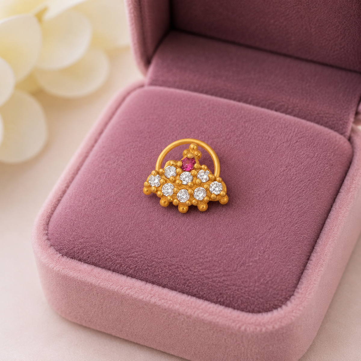 White & Pink CZ Cluster Traditional Nose Pin - Sterling Silver Gold Plated