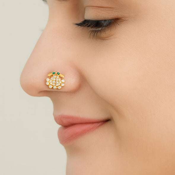 White CZ Body with Green CZ Eyes Crab Nose Pin - Sterling Silver Gold Plated