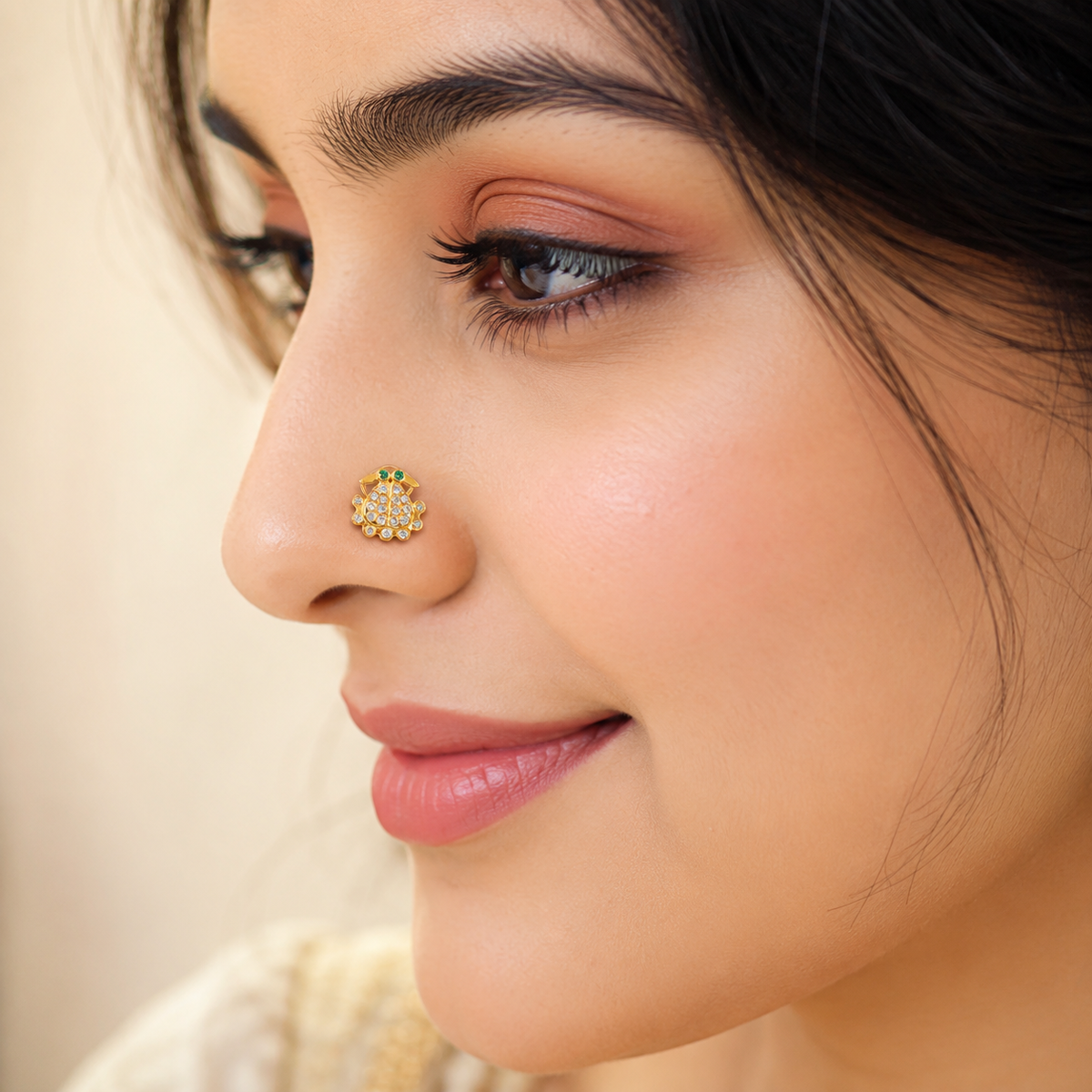 White CZ Body with Green CZ Eyes Crab Nose Pin - Sterling Silver Gold Plated