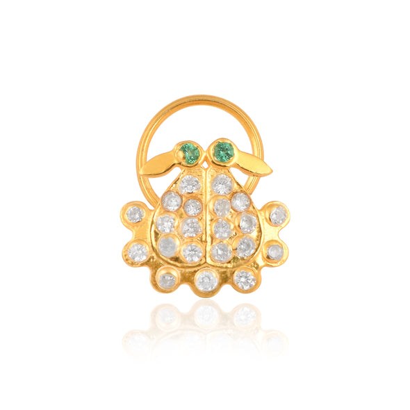 White CZ Body with Green CZ Eyes Crab Nose Pin - Sterling Silver Gold Plated