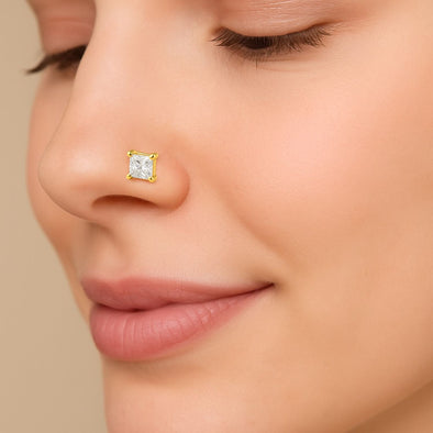 White CZ Princess Cut Solitaire Nose Pin – Sterling Silver Gold Plated