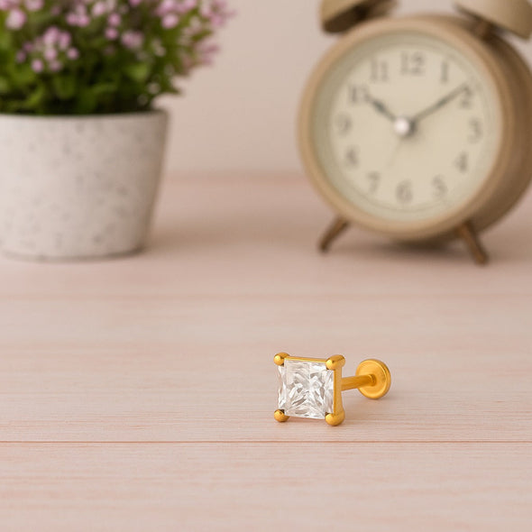 White CZ Princess Cut Solitaire Nose Pin – Sterling Silver Gold Plated