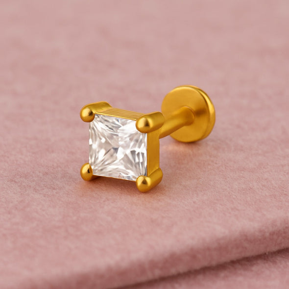 White CZ Princess Cut Solitaire Nose Pin – Sterling Silver Gold Plated