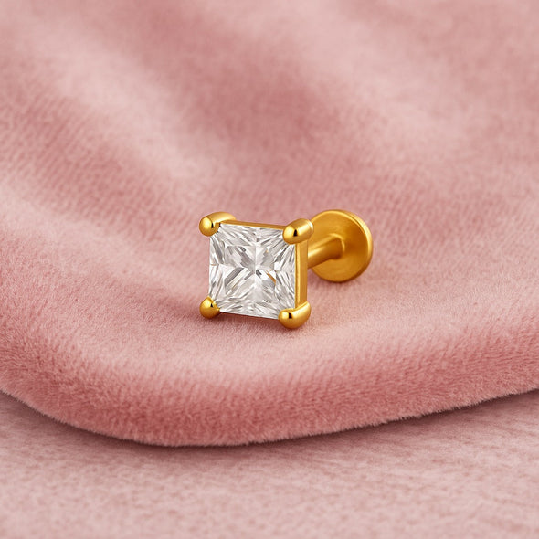 White CZ Princess Cut Solitaire Nose Pin – Sterling Silver Gold Plated