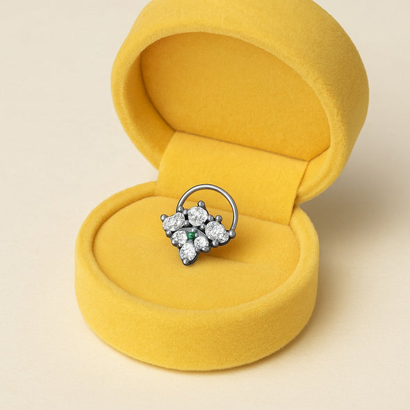 Green & White CZ Floral Cluster Nose Pin - Oxidized Sterling Silver