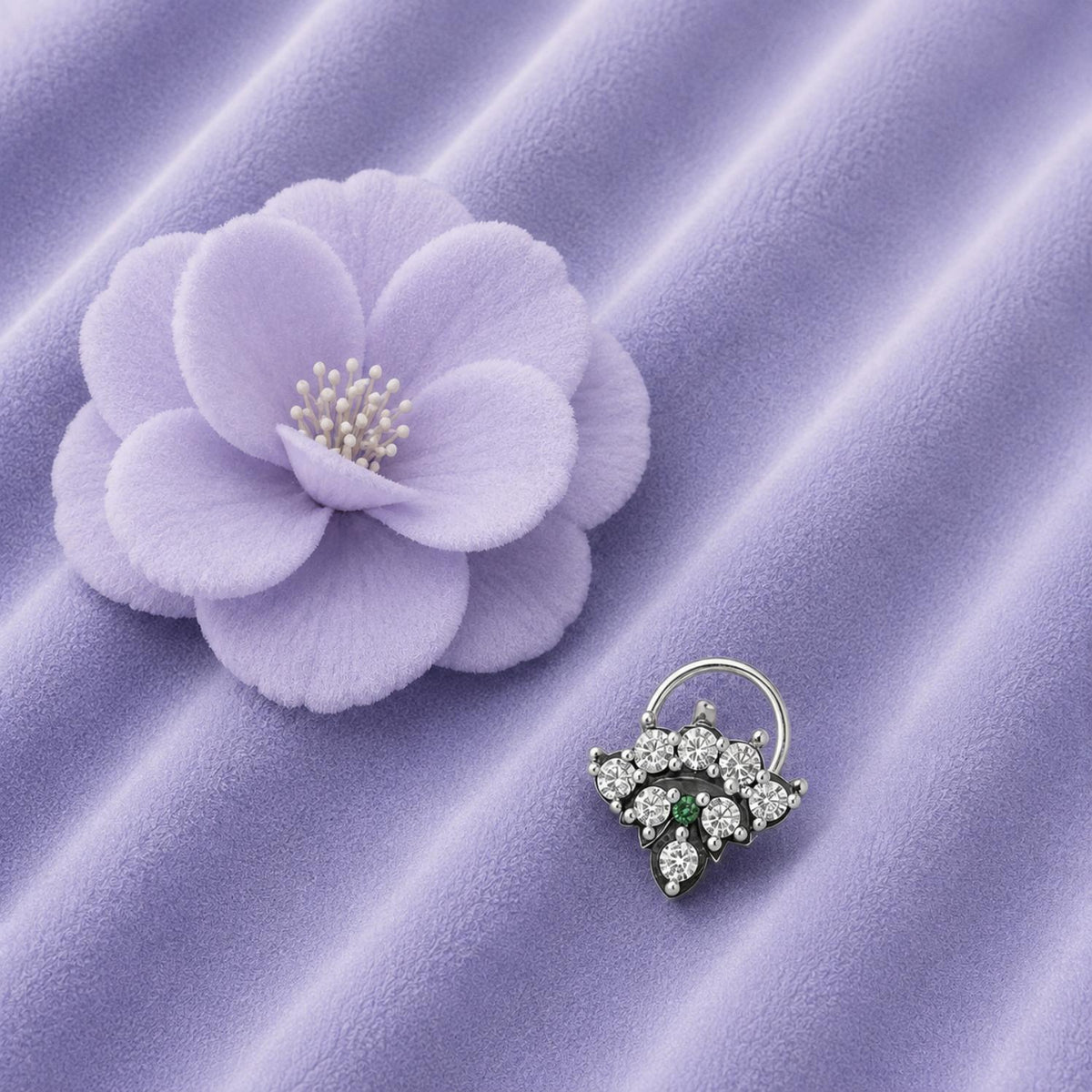 Green & White CZ Floral Cluster Nose Pin - Oxidized Sterling Silver