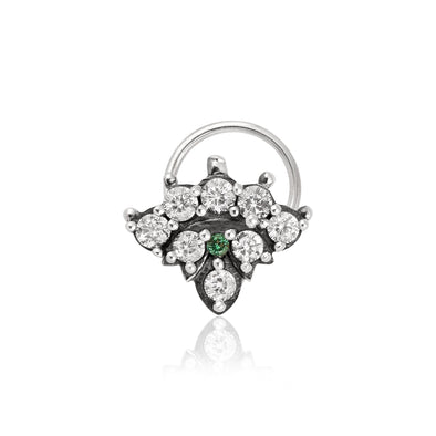 Green & White CZ Floral Cluster Nose Pin - Oxidized Sterling Silver