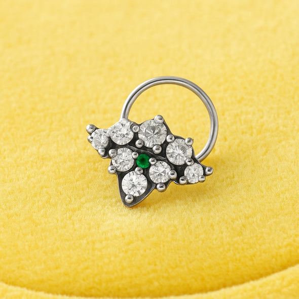 Green & White CZ Floral Cluster Nose Pin - Oxidized Sterling Silver
