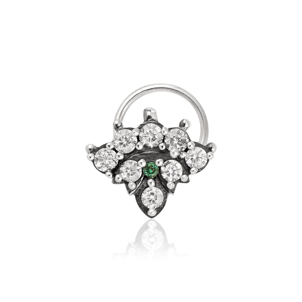 Green & White CZ Floral Cluster Nose Pin - Oxidized Sterling Silver