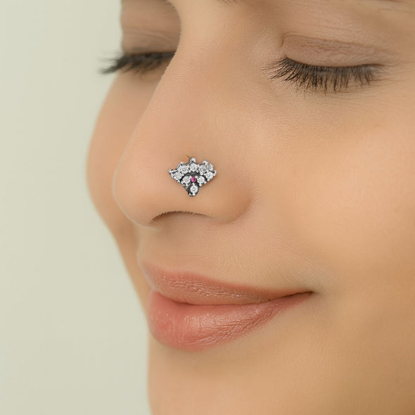 Ruby & White CZ Floral Cluster Nose Pin - Sterling Silver