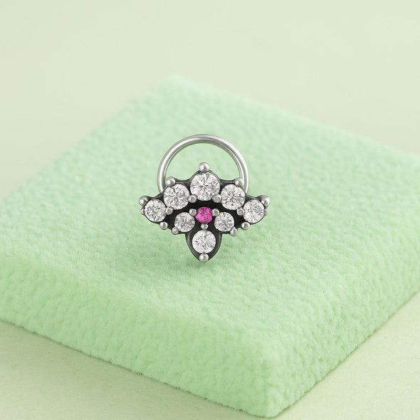 Ruby & White CZ Floral Cluster Nose Pin - Sterling Silver