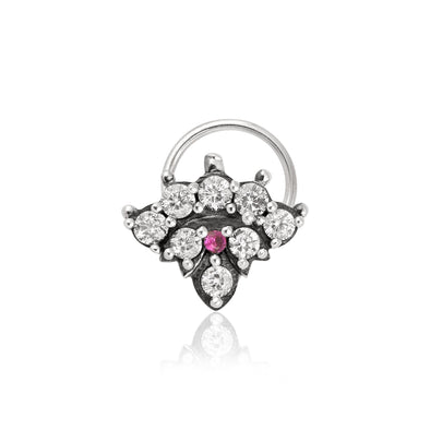 Ruby & White CZ Floral Cluster Nose Pin - Sterling Silver