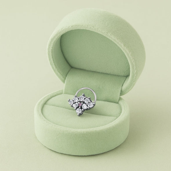 Ruby & White CZ Floral Cluster Nose Pin - Sterling Silver