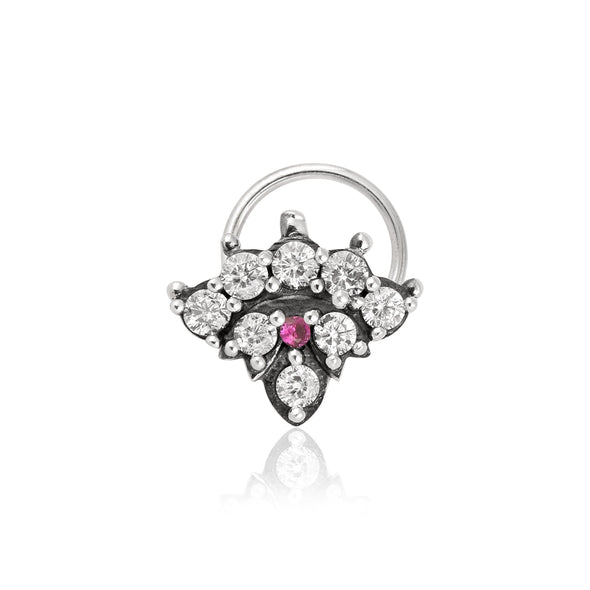 Ruby & White CZ Floral Cluster Nose Pin - Sterling Silver