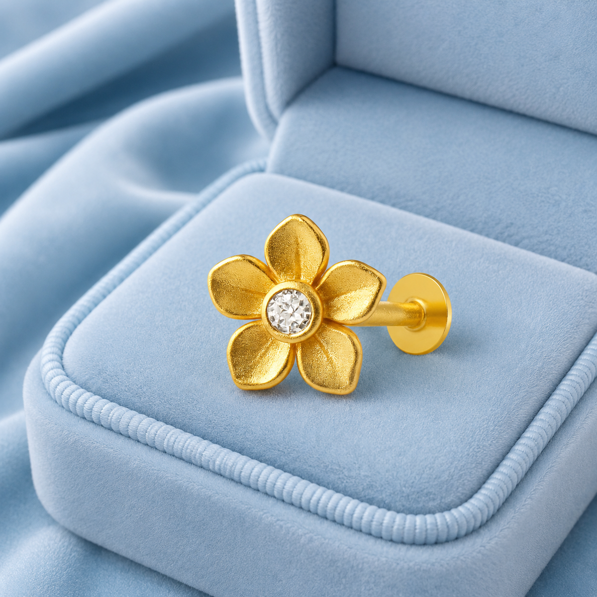 White CZ Center Five-Petal Floral Nose Pin – Sterling Silver Gold Plated