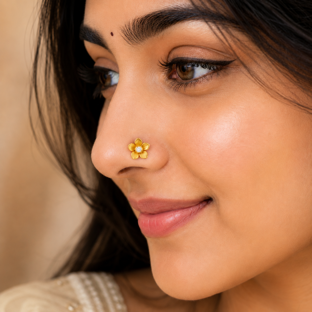 White CZ Center Five-Petal Floral Nose Pin – Sterling Silver Gold Plated