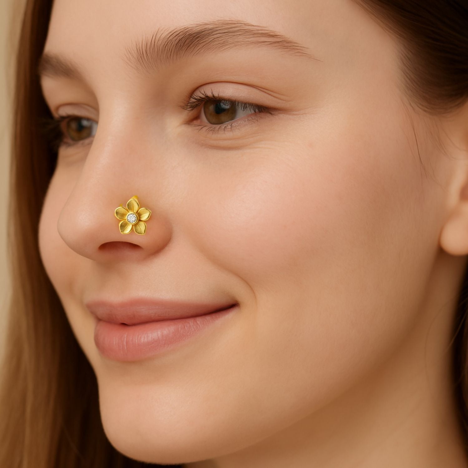 White CZ Center Five-Petal Floral Nose Pin – Sterling Silver Gold Plated