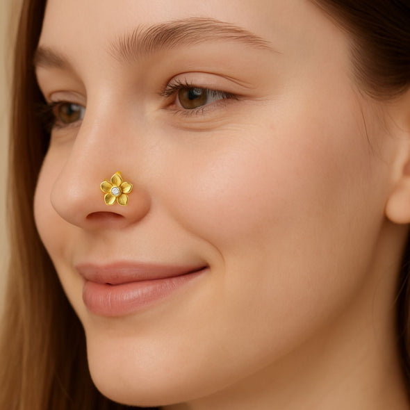 White CZ Center Five-Petal Floral Nose Pin – Sterling Silver Gold Plated