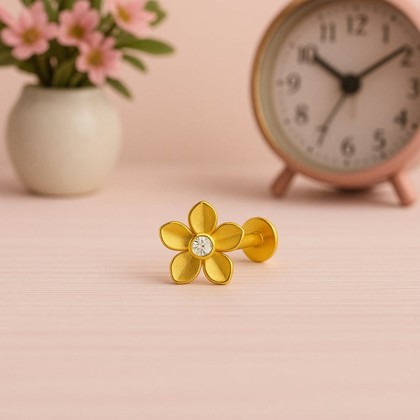 White CZ Center Five-Petal Floral Nose Pin – Sterling Silver Gold Plated
