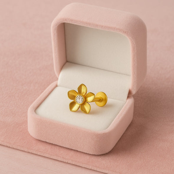 White CZ Center Five-Petal Floral Nose Pin – Sterling Silver Gold Plated