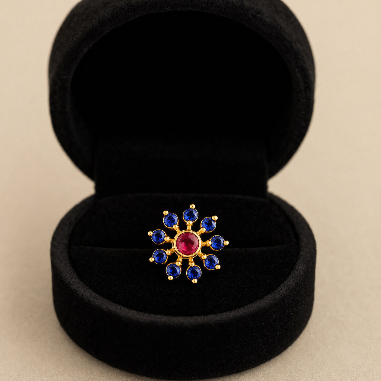 Red CZ & Blue Sapphire Style Cluster Floral Nose Pin - Gold Plated Sterling Silver