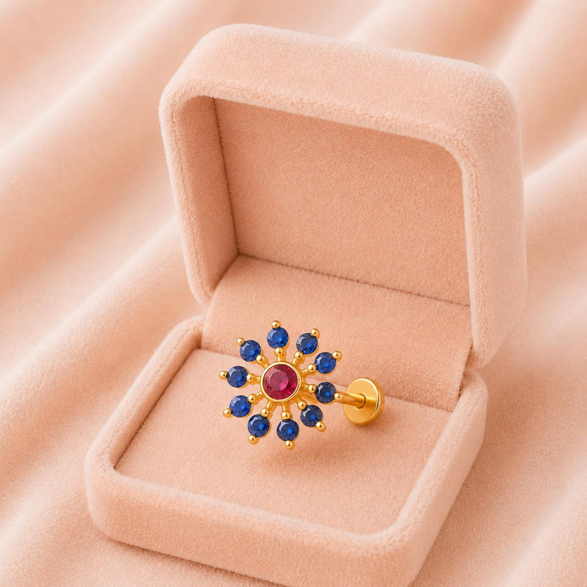 Red CZ & Blue Sapphire Style Cluster Floral Nose Pin - Gold Plated Sterling Silver