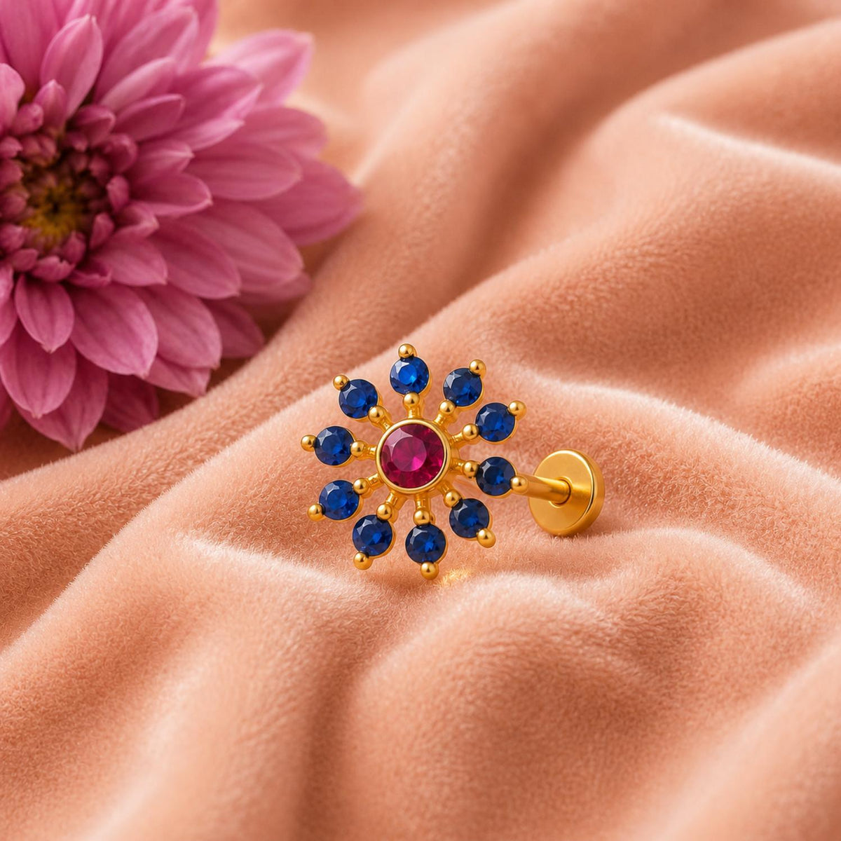 Red CZ & Blue Sapphire Style Cluster Floral Nose Pin - Gold Plated Sterling Silver