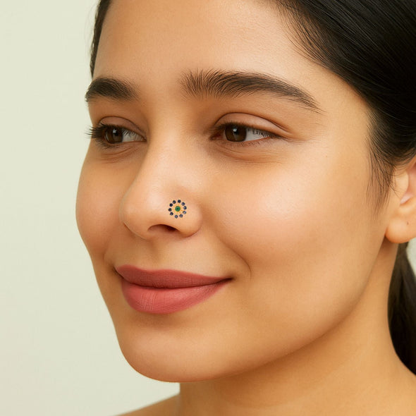 Green CZ & Blue CZ Sunburst Floral Nose Pin - Gold Plated Sterling Silver