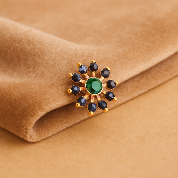 Green CZ & Blue CZ Sunburst Floral Nose Pin - Gold Plated Sterling Silver