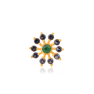 Green CZ & Blue CZ Sunburst Floral Nose Pin - Gold Plated Sterling Silver