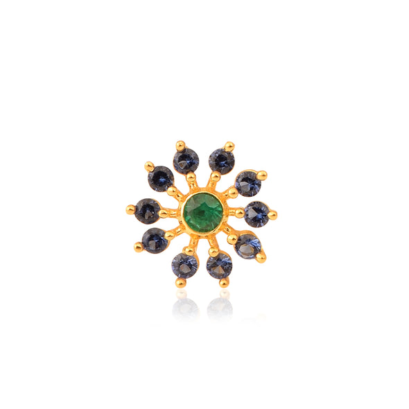 Green CZ & Blue CZ Sunburst Floral Nose Pin - Gold Plated Sterling Silver