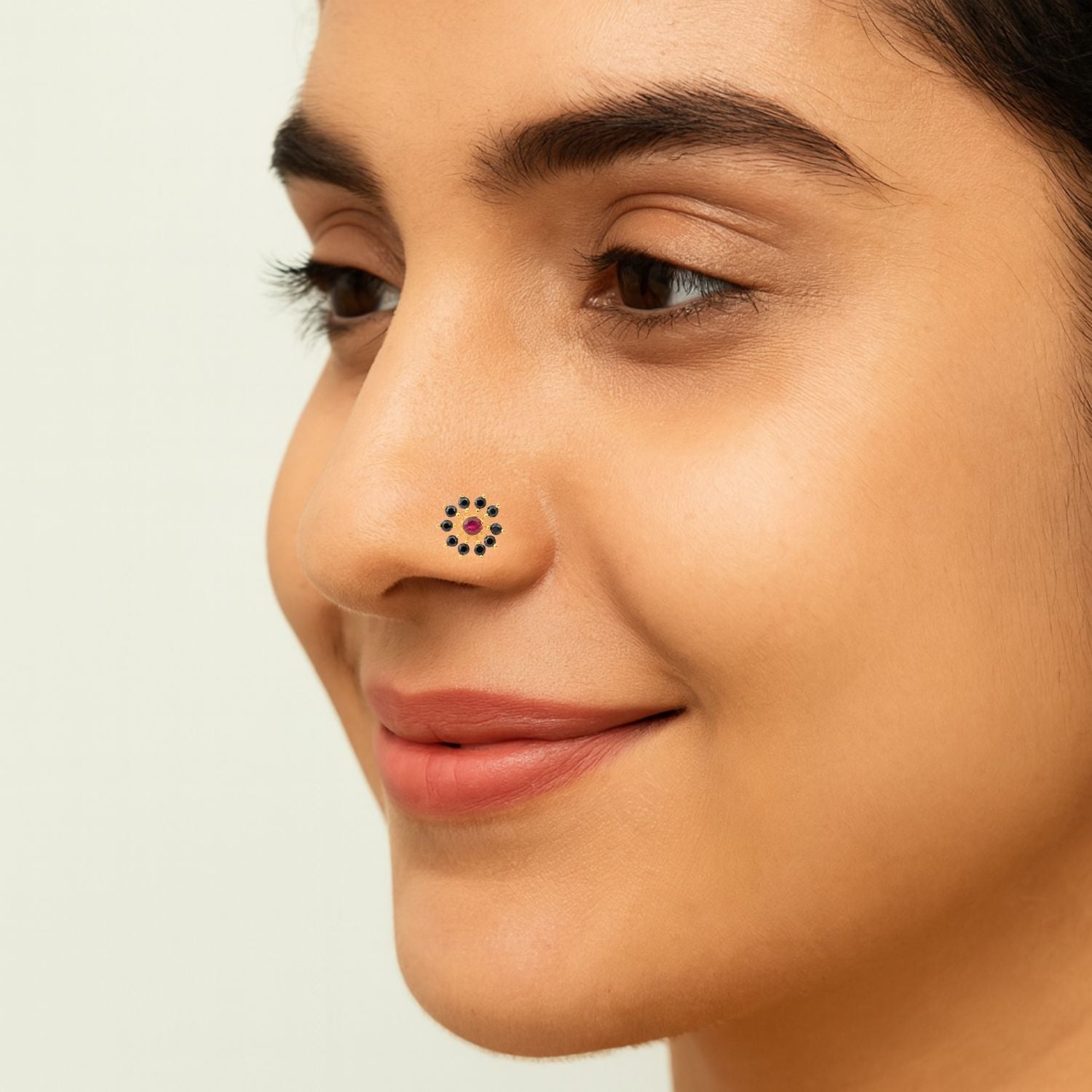 Red CZ & Black Spinel Style Cluster Floral Nose Pin - Gold Plated Sterling Silver