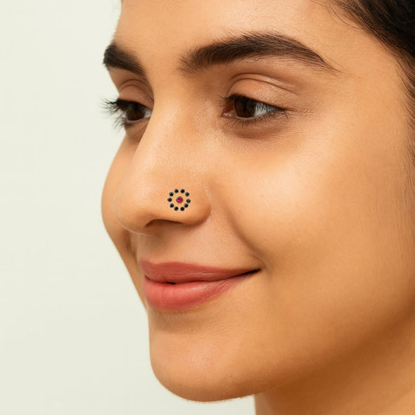 Red CZ & Black Spinel Style Cluster Floral Nose Pin - Gold Plated Sterling Silver