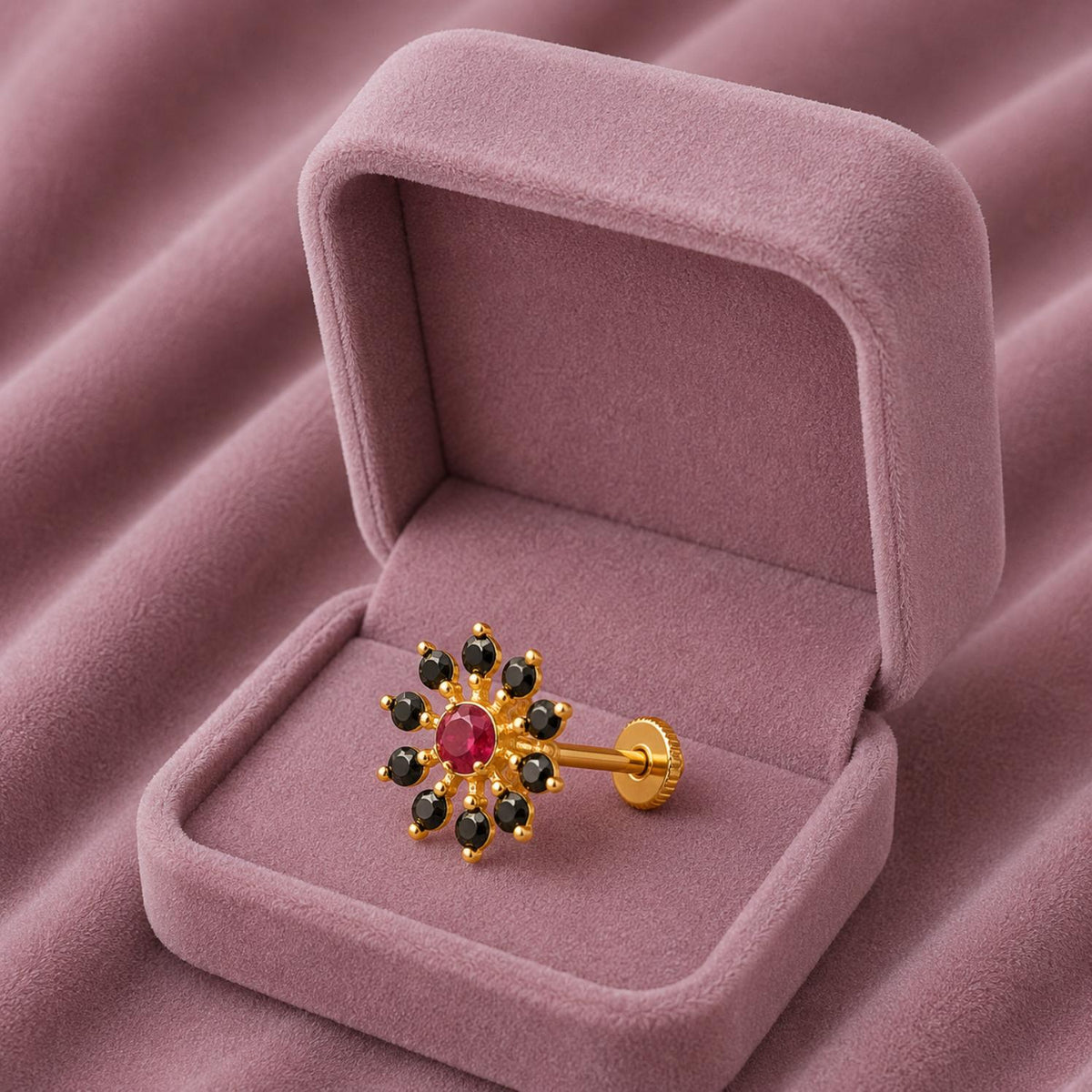 Red CZ & Black Spinel Style Cluster Floral Nose Pin - Gold Plated Sterling Silver