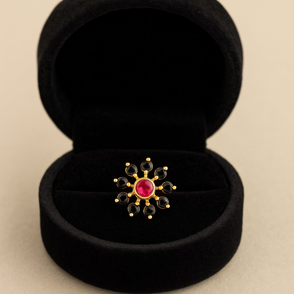 Red CZ & Black Spinel Style Cluster Floral Nose Pin - Gold Plated Sterling Silver