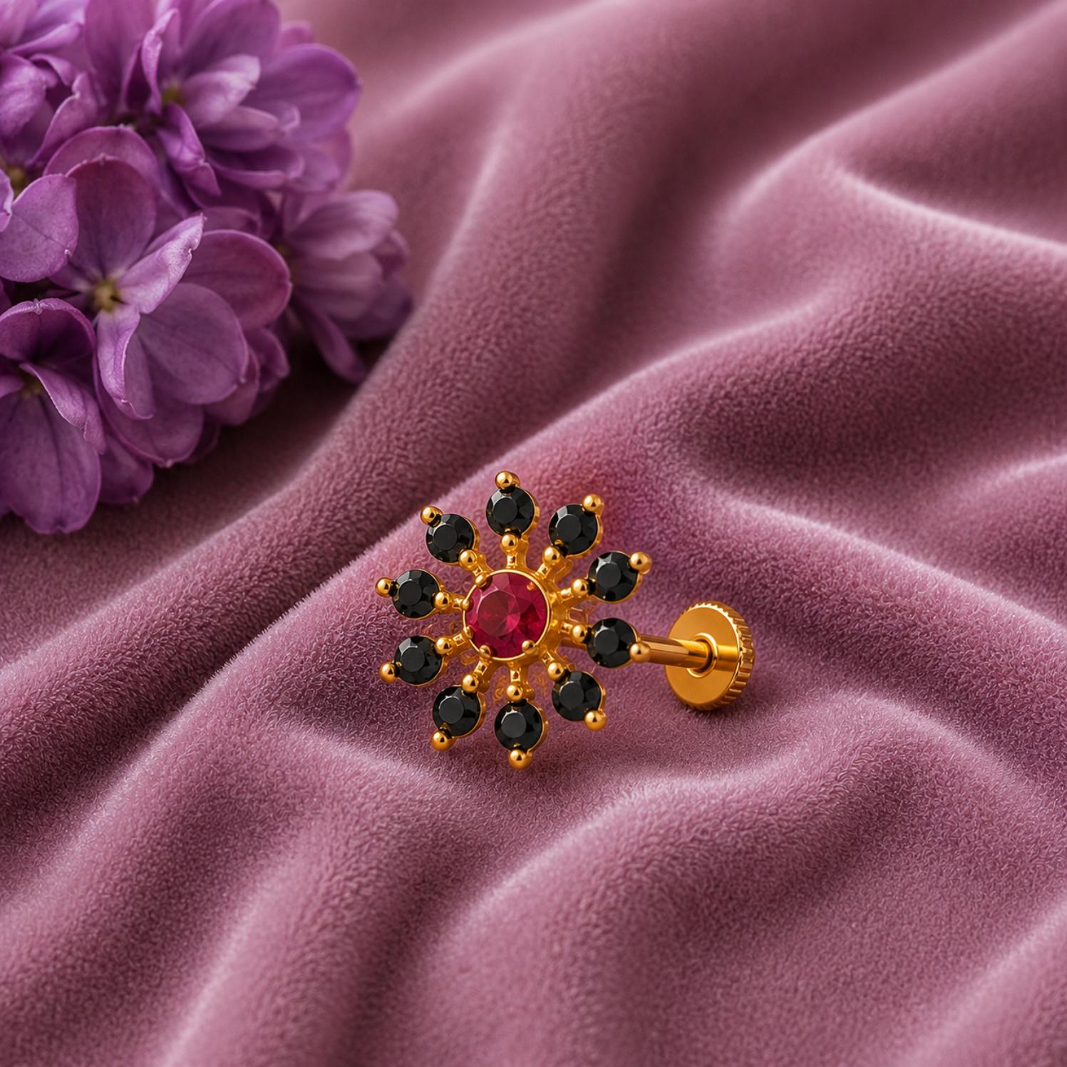 Red CZ & Black Spinel Style Cluster Floral Nose Pin - Gold Plated Sterling Silver